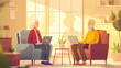 Portrait of a cute elderly married couple with gray hair, they are working on a laptop while sitting in cozy upholstered chairs at home. Illustration. The concept of an active lifestyle at any age