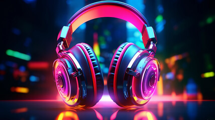 Wall Mural - Colorful Headphones on Vivid Neon Color Abstract Background. Retro wave composition.