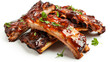 Smoky and tender BBQ ribs glazed with a sticky sauce, garnished with fresh herbs, set against a clean white backdrop, highlighting the mouthwatering allure of this classic barbecue favorite.