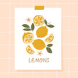 Postcard with a set of lemons and leaves. Suitable for a holiday invitation.