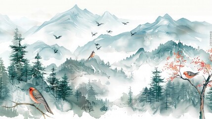 Wall Mural - watercolor beautiful natural painting about misty mountains and bird flying on it 
