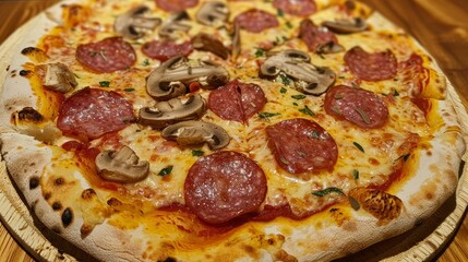 Wall Mural - Pizza with salami, cheese and mushrooms