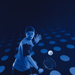 Padel Tennis Player with Racket in Hand. Paddle tenis, on a blue background. Download in high resolution.