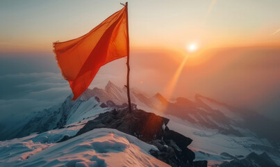 Wall Mural - Flag on mountain top, triumph and achievement concepts