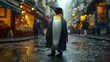 Dapper penguin struts through city streets in tailored elegance, embodying street style. The realistic urban backdrop frames this formally attired bird, seamlessly merging Antarctic charm with contemp