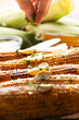Grilled sweet corn cobs with butter on the table seasoned with cilantro by human hand close up low angle view