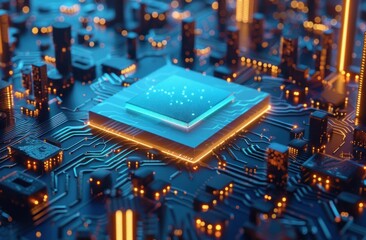 Central Computer Processor on motherboard with futuristic neon light