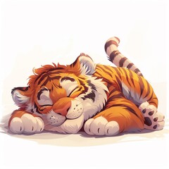 A cartoon tiger inspired by Party Animals, depicted sleeping soundly while lying prone The tiger is wearing casual attire