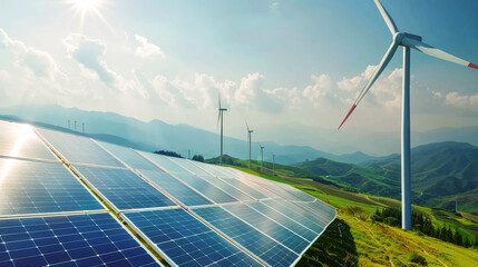 Wind turbines and solar panels are installed against backdrop of mountain range. Sunny day, blue sky with clouds. Concept: clean renewable energy, alternative technologies. Generative AI