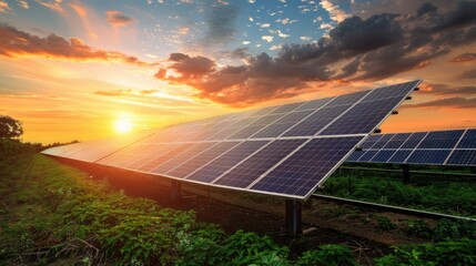 Solar panels in a field against a sunset background. Environment, renewable sources, power generation, alternative energy and ecology.