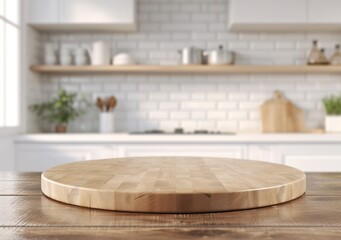 Wall Mural - Empty beautiful round wood tabletop counter on interior  kitchen background