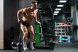 Focused sportsman bending body, while exercising on training apparatus. Full length of muscular male athlete doing pull-downs, lifting weights of cable training apparatus in gym. Crossfit concept.