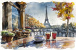 © Inga Bulgakova - Watercolour illustration of calm atmosphere in Parisian bar with tables outside and Eiffel Tower view. Travel concept