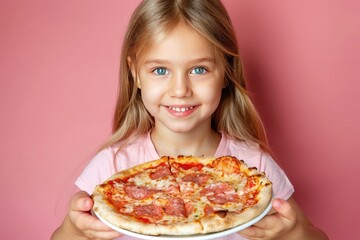 Wall Mural - Charming girl savoring pizza on pastel backdrop, providing ample room for text placement