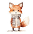 Watercolor winter illustration of  fox in scarf isolated on white background.