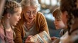 © mashimara - Photo of granny, surrounded by grandchildren, smiling, looking at album, multi-generational family theme.