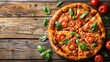 Freshly prepared homemade pizza on a wooden background