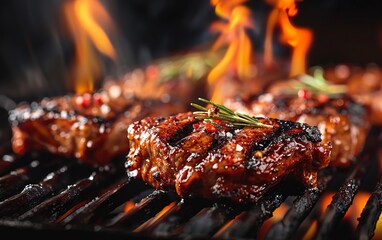 A close-up photograph of meat grilling on a barbecue, with flames flickering around and highlighting the succulent textures and smoky flavor.
