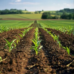 Lined up young corn seedlings