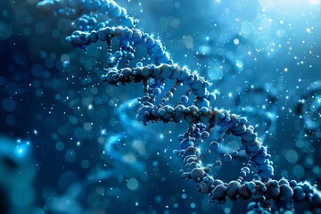 Poster - sapphire helix intricate dna strands intertwined on textured blue background science illustration