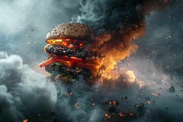 Wall Mural - Delicious hamburger in fire with smoke and flame