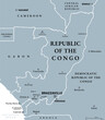 Republic of the Congo, gray political map. Also known as the Congo, a country located on the western coast of Central Africa, with the capital Brazzaville. Illustration. Vector