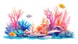 A watercolor painting of a coral reef with three fish.