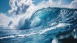 Large crashing turquoise sea wave. Surfer riding summer swell banner - AI-generated