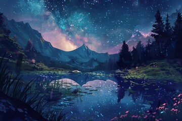 serene fantasy landscape with a tranquil pond reflecting the starry night sky digital painting