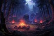 Mystical forest with big rocks around a bonfire, fantasy concept.