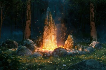 Wall Mural - Mystical forest with big rocks around a bonfire, fantasy concept.