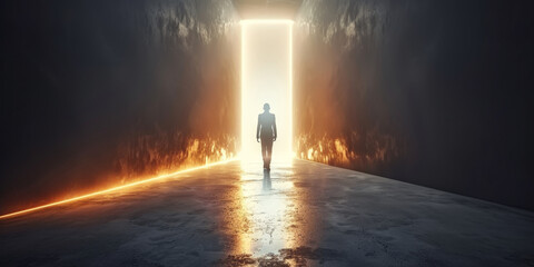 Wall Mural - A person walking towards the light, symbolizing hope and an open future. Businessman