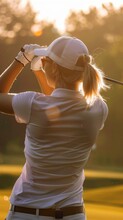 Lady Golfer Teeing Off On A Golf Course At Sunset.