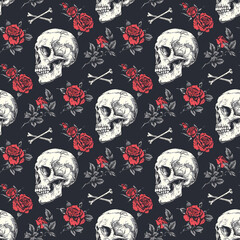 Wall Mural - Vintage-inspired skull and roses pattern, adding a retro vibe to fabric, wallpaper, and poster designs