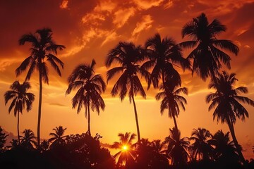 Wall Mural - silhouette of palm trees against fiery orange sunset sky tropical paradise landscape