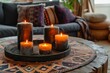 A cozy home atmosphere. A coffee table with lit candles on it in the living room.