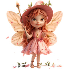 Wall Mural - A 3D animated cartoon render of a pink fairy using her magic wand to guide lost hikers to a safe path.