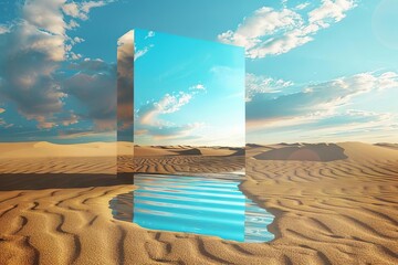 Wall Mural - surreal desert landscape with square mirror reflecting the sky sand and water ai generated artwork