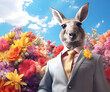 Creative animal concept. Kangaroo in smart suit, surrounded in a surreal garden full of blossom flowers floral landscape. advertisement commercial editorial banner card	

