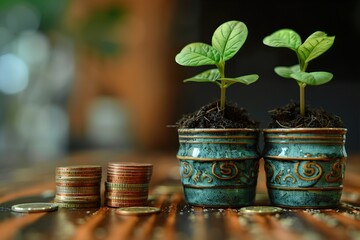 Wall Mural - Planting plants in pots with money plant coins. 