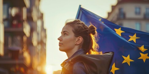 Wall Mural - Young woman holds European flag in her hands