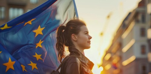 Poster - Young woman holds European flag in her hands