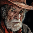 A close-up portrait of an elderly man with a grizzled beard, wearing a cowboy hat, and a penetrating gaze.
