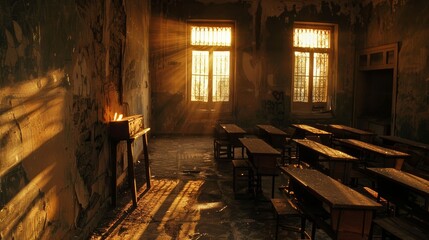 Close-up on an ancient classroom, empty yet alive with the eerie light of a small flame, creating shadows that dance on the walls