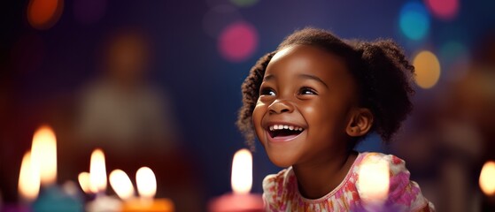 Wall Mural - happy african american little girl with birthday cake over lights background. Birthday Concept with Copy Space. 