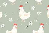 Fototapeta Panele - White chicken illustrations with flowers and leaves on a green background