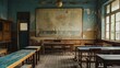 Traditional primary classroom, empty and quiet, featuring aged wooden furniture and a large, instructive mural on the wall