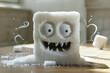 Playful sugar cube monster on a wooden kitchen counter