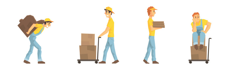 Deliveryman and Man Carrier with Cargo and Parcel Vector Set