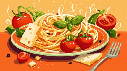 Canvas Print - Plate of spaghetti with tomatoes and cheese